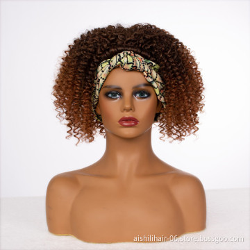 Wholesale price stort brown heat resistant fiber afro kinkly curly headband wig for black women